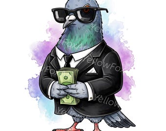 Cool Pigeon with Money PNG, Funny Bird Clip art, Businessman Pigeon in Suit Printable Art Sublimation, Digital Art Transparent Background
