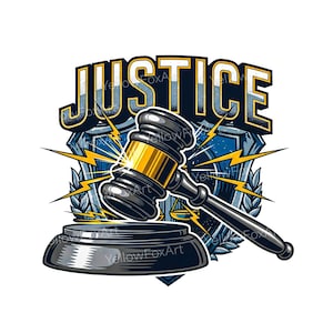 Könnte beinhalten: Grafische Illustration mit einem Hammer mit goldenem Kopf und schwarzem Griff, der auf einer schwarzen Basis ruht. Das Wort "JUSTICE" wird über dem Hammer in fetten, umrandeten Buchstaben angezeigt. Ein blaues Schild mit Blitzen und Lorbeerblättern vervollständigt das Design.
