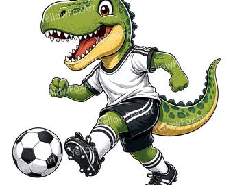 Dinosauriefotboll Clipart PNG, tecknad söt T Rex fotbollsspelare, sublimeringsdesign för barnsporttröja, DIY-pyssel, väggkonst, klistermärke