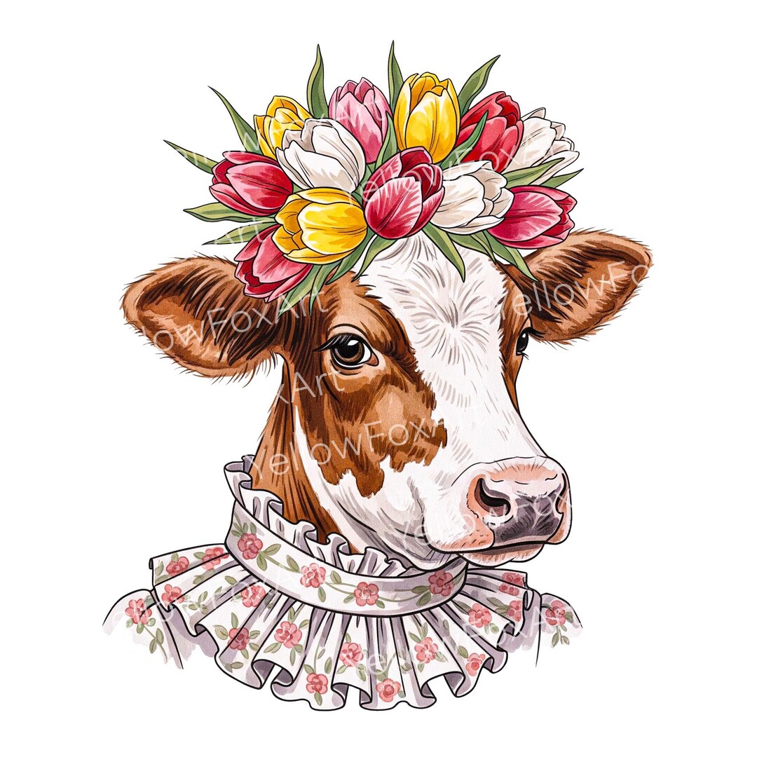 Cute Floral Cow Clipart PNG, Farm Animal in Tulip Flowers Crown ...