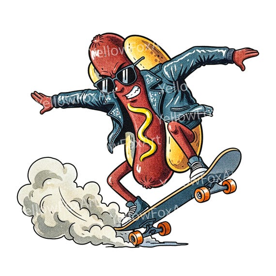 Skateboarding Hot Dog Clipart: Retro Cartoon Food Mascot (digital
