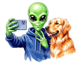 Alien and Retriever Selfie PNG: Funny Dog Clipart for Sublimation