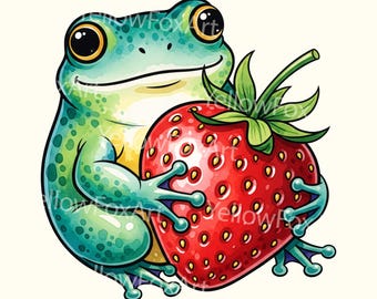 Frog Clipart: Strawberry Watercolor PNG, Kids Illustration (Digital Download