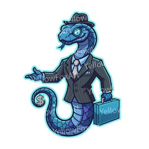 Peut inclure: Illustration de dessin animé d'un serpent bleu portant un costume à rayures, un chapeau et une cravate, tenant une mallette et avec un symbole dollar sur sa queue. Le serpent a une expression amicale sur fond blanc.