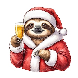 Könnte beinhalten: Aquarell-Illustration eines Faultiers im Weihnachtsmann-Outfit, das ein Champagnerglas hält. Das Faultier trägt einen roten Weihnachtsmannhut und -mantel mit weißem Besatz. Der Champagner im Glas hat eine goldene Farbe.