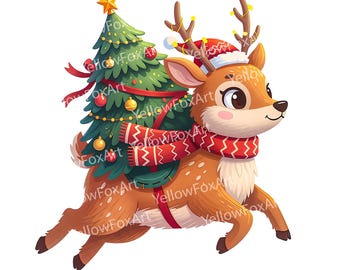 Clipart di cervi di Natale, albero delle feste, illustrazione festiva (download digitale)