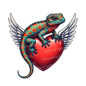May include: A vibrant illustration of a lizard adorned with heart-shaped patterns, resting on a red heart. The lizard features wings and is set against a white backdrop. The image includes the text "YellowFoxArt".