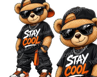 Cool Teddy Bear Clipart, Hip Hop Bear PNG, Streetwear Animal Cartoon, Kids Room Decor, Sublimation Design for T-shirt, Sticker, DIY Crafts