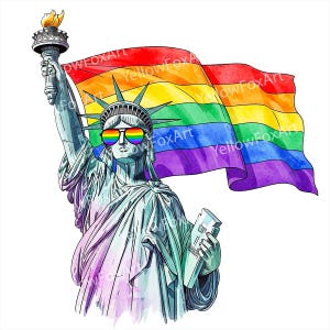 Peut inclure: Illustration à l'aquarelle de la Statue de la Liberté portant des lunettes de soleil arc-en-ciel et tenant un drapeau arc-en-ciel. Le drapeau flotte au vent. L'image contient le texte "YellowFoxArt" en arrière-plan.