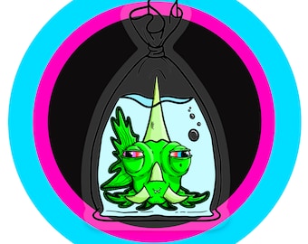 High-as-hell Monster Fish in a Baggie Sticker – Trippy Vinyl Creature, Holographic or Matte, Weird Aquarium Gremlin Art