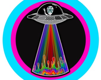Alien Rainbow Abduction Sticker – Holographic or Matte Vinyl UFO Decal, Trippy Colorful Alien Art, Cute Waterproof Laptop Sticker