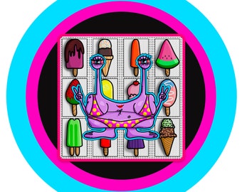 Vibrant Bikini Monster Sticker | Ice Cream & Popsicle Decal | Fantasy Surreal Art | Matte/Holographic