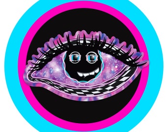 Trippy Stoned Smiley Eyeball Sticker – Checkered Galaxy Vinyl Original Art, Holographic or Matte, Psychedelic Cute Weird Aesthetic Decal