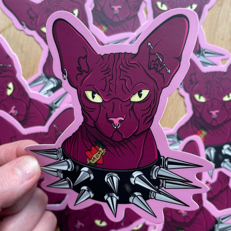 Punk Rock Cat Vinyl Sticker | Heavy Metal Sphynx Cat Sticker | Metallic ...