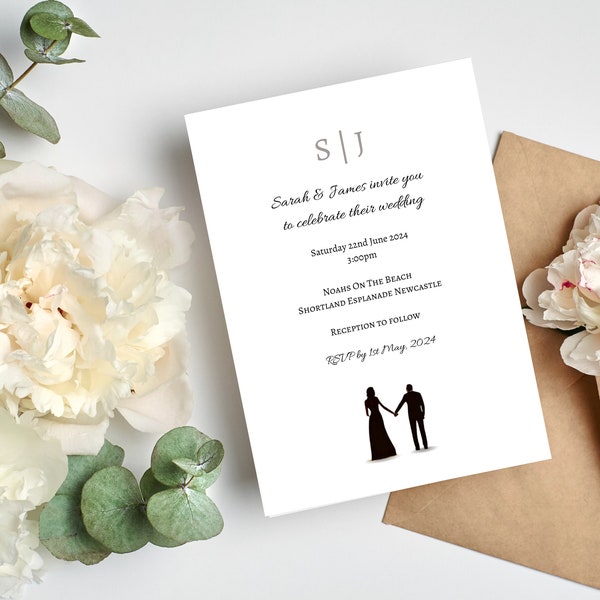 The Sarah Minimalist Wedding Invitation Set - Canva Digital Download - Editable Templates - Black Bride and Groom Silhouette Design