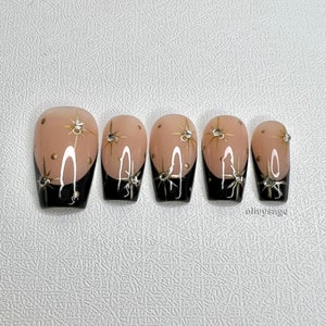 Customizable Press On Nails! 10 handmade high quality trendy cute fake prep kit included custom French tip black gold coffin celebration