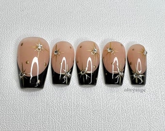 Customizable Press On Nails! 10 handmade high quality trendy cute fake prep kit included custom French tip black gold coffin celebration
