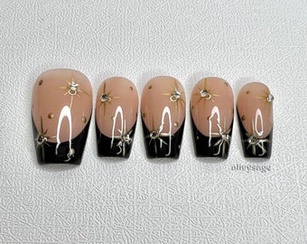 Custom Press On Nails! 10 fake handmade high quality trendy cute French tip black gold coffin celebration short graduation vacation sale