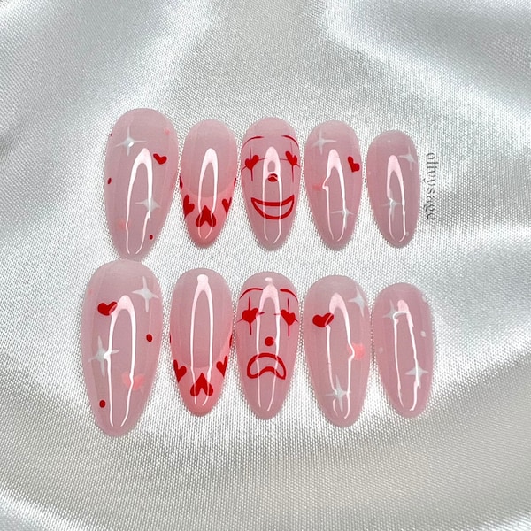 Customizable Press On Nails! 10 handmade high quality trendy cute fake w/ prep kit included custom valentines day pink red clown art almond
