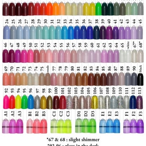 May include: A color chart of 113 nail polish colors. The colors are arranged in rows and columns. The chart includes a variety of colors, including red, blue, green, yellow, pink, purple, and black. The chart also includes some colors that glow in the dark and some that have a slight shimmer. The chart is labeled with numbers 1-113 and letters A1-F3. The chart also includes the text "*67 & 68: slight shimmer" and "*92-96: glow in the dark". The chart also includes the text "A1-F3: "jelly polish" the number = # of coats (the more coats, the less transparent)"