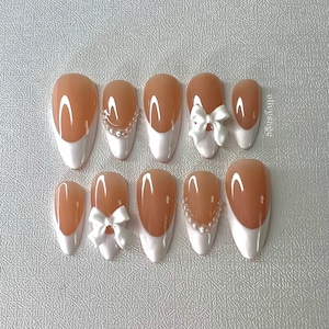 Customizable Press On Nails! 10 handmade quality trendy cute fake prep kit included custom French tip almond white bow pearl coquette spring