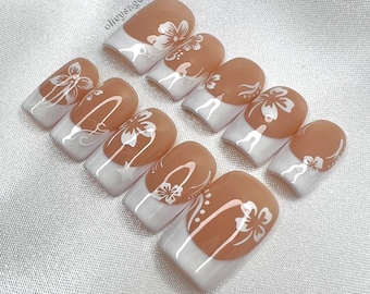 Custom Press On Nails! 10 fake handmade high quality trendy cute frenchies French tip white cute hibiscus tulip flower party wedding gift