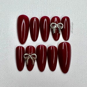 Customizable Press On Nails! 10 handmade high quality trendy cute fake w/ prep kit included custom solid color wine red coquette bow almond