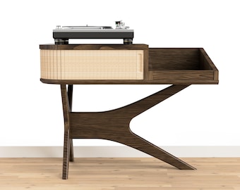 Mid-Century Modern Record Player Stand: Black Walnut & White Oak Vinyl Storage