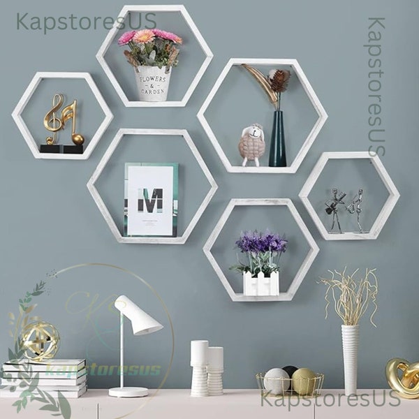 6-Packs Hexagonal Floating Shelves | Handmade Wooden Honeycomb Wall Shelf Set for Home Office, Farmhouse Decor | Floating Shelves