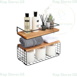 Wall-mounted Shelves | floating shelves |  pine wood shelves | two-tier shelf |  paper storage basket organizer | Bathroom Shelves | Shelves