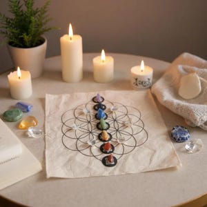 Könnte beinhalten: Eine ruhige Präsentation mit brennenden weißen Kerzen, einer kleinen Topfpflanze und einer Sammlung farbiger Edelsteine. Ein Leinentuch zeigt ein geometrisches Design mit Kristallen und Edelsteinen.