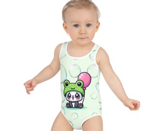 Toddler Swimsuit - Panda Baby 2 with a Balloon in a Frog Suit Pink Color