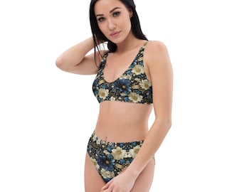 Hoch taillierter Bikini - Blaue und Creme Blumen