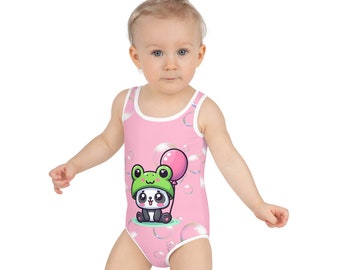 Toddler Swimsuit - Panda Baby 2 with a Balloon in a Frog Suit Pink Color