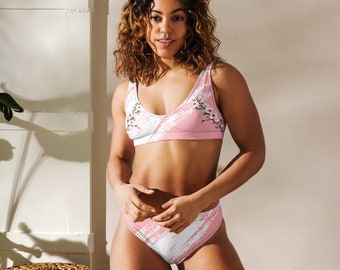 Bikini mit hoher Taille – Kirschblüte mit rosa und weißem Hintergrund