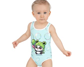 Toddler Swimsuit - Panda Baby 2 with a Balloon in a Frog Suit Light Cyan