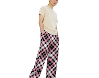 Unisex wide-leg pants - Pink Black White Plaid