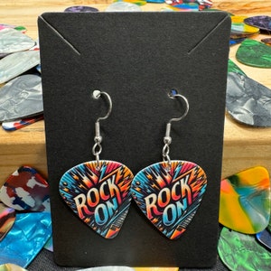 Rock On Guitar Pick Earrings, Music Lover Gift, Concert Lover Gift, Musician gift, Gift for Her, Rock and Roll Gift, Colourful Earrings