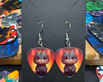 Cute Cartoon Cat Guitar Pick Earrings, Stainless Steel Hooks
