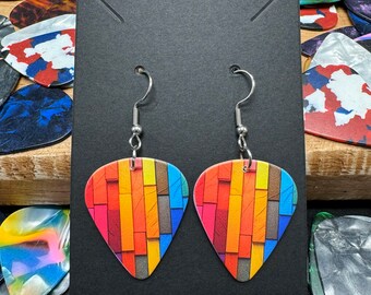 Rainbow Patterned Rectangle Planks Guitar Pick Earrings