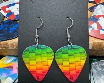 Rainbow Patterned Squares Guitar Pick Earrings