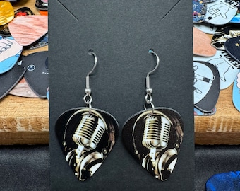 Microphone Guitar Pick Earrings, Stainless Steel Hooks, Music Lover Gift