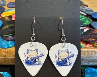 Guitarist Cartoon Cat Guitar Pick Earrings, Music Lover Gift