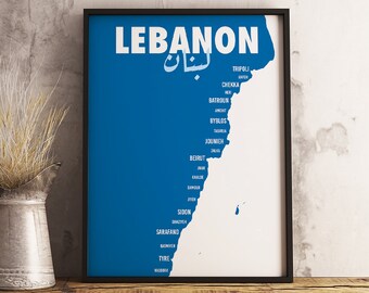May include: A blue map of Lebanon with the country's name and Arabic script in white. The map shows the major cities and towns in Lebanon, including Beirut, Tripoli, Sidon, and Tyre.