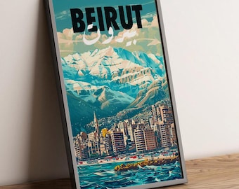 May include: A vintage travel poster with a colorful illustration of Beirut, Lebanon. The poster features a cityscape with snow-capped mountains in the background and the text "BEIRUT" in bold black letters.
