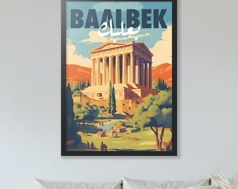 May include: A vintage travel poster featuring an illustration of the ancient Roman ruins of Baalbek in Lebanon. The poster is in a black frame and has the text "BAALBEK" and Arabic text in white.