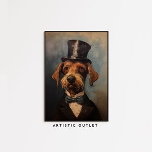 May include: A painting of a dog wearing a black top hat and a blue bow tie. The dog is brown and has a serious expression. The background is a light blue.