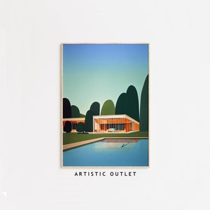 Könnte beinhalten: Eine digitale Illustration eines modernen Hauses mit einem Swimmingpool davor. Das Haus ist hellorangefarben mit großen Fenstern und einem weißen Rahmen. Der Pool ist blau und spiegelt den Himmel und die Bäume wider. Die Bäume sind grün und befinden sich im Hintergrund des Bildes. Der Text "ARTISTIC OUTLET" befindet sich am unteren Rand des Bildes.
