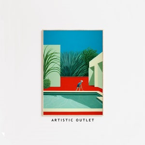 May include: A minimalist illustration of a person walking by a swimming pool in a modern courtyard. The pool is turquoise blue, the walls are white and red, and the sky is blue.