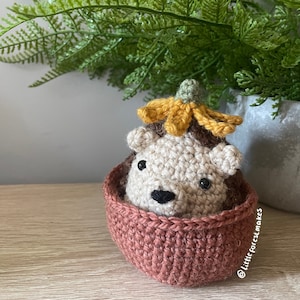 May include: A crocheted hedgehog with a yellow flower on its head sits in a pink crocheted basket. The basket is on a wooden surface. The image is captioned "@littleforestmakes"